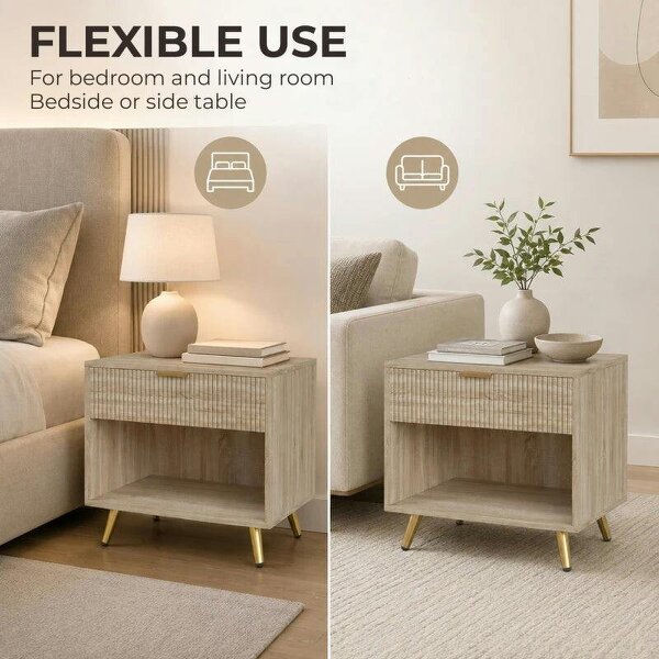 Bedside Table with Drawer and Open Compartment, Nightstand with Handle for Bedroom, Living Room, Natural Wood Finish