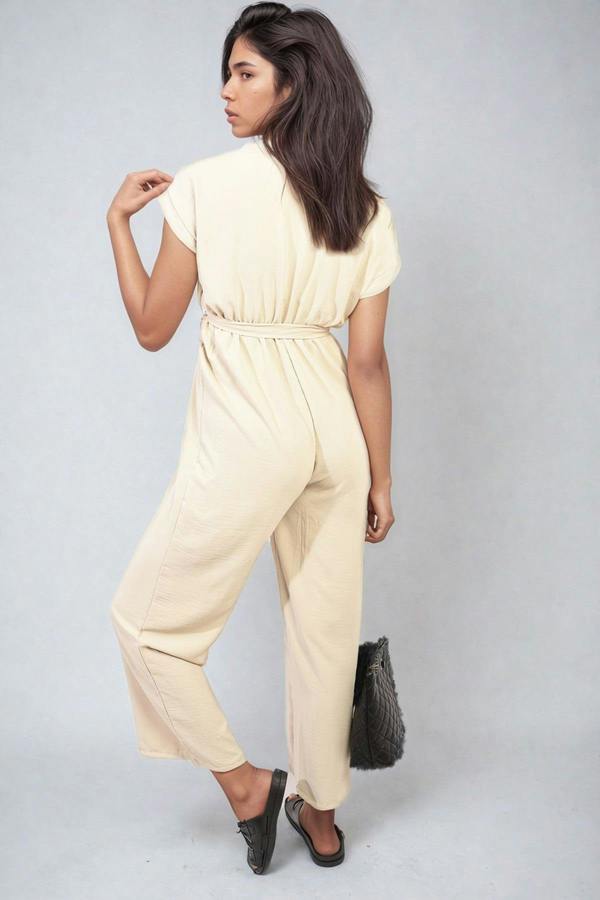 Alessandra Belted V Neck Jumpsuit With Side Pockets - Beige
