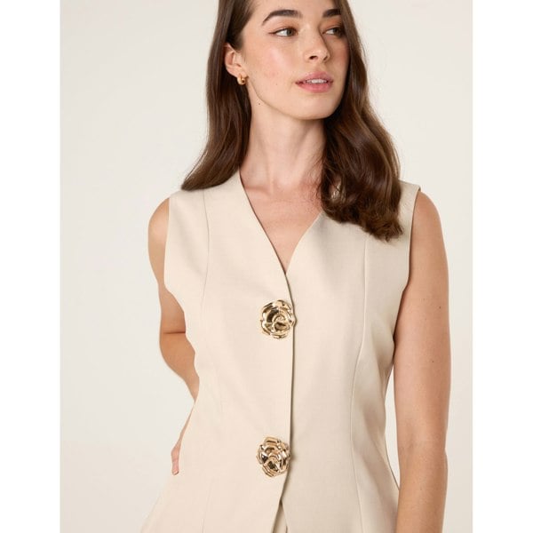 Blue Vanilla Tailored Flower Button Front Sleeveless Vest