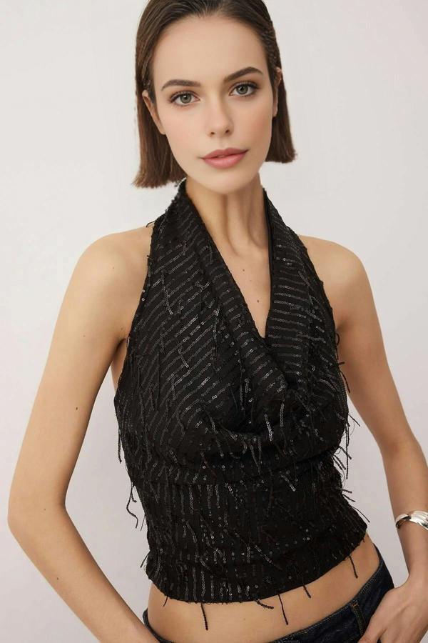 WOVCOR V-Neck Fringed Sequin Party Blouse