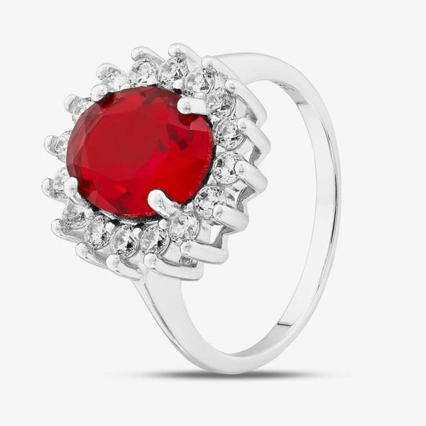 T. H. Baker Sterling Silver Oval Cut Red & White Cubic Zirconia Halo Ring S2161