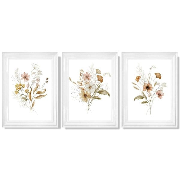 Autumn Wild Flower Bouquets Set of 3 Framed Art Prints with Glossy White Frames