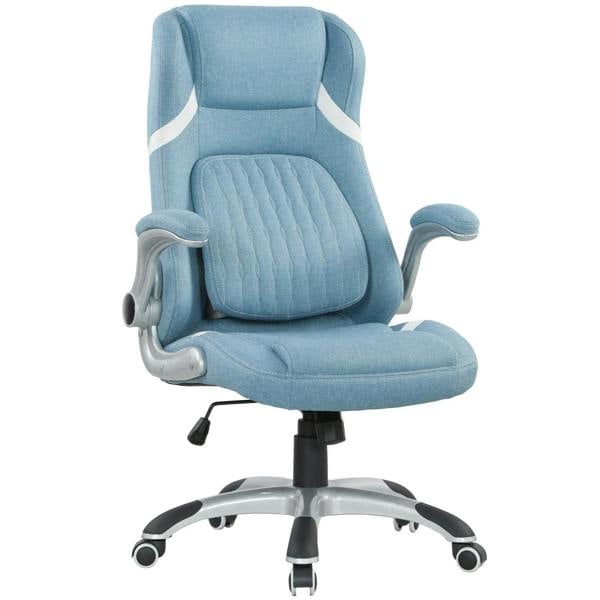 Blue linen-look office chair with padded back, armrests, and caster base
