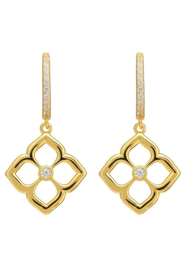 18k gold plated open clover drop earrings with cubic zirconia.