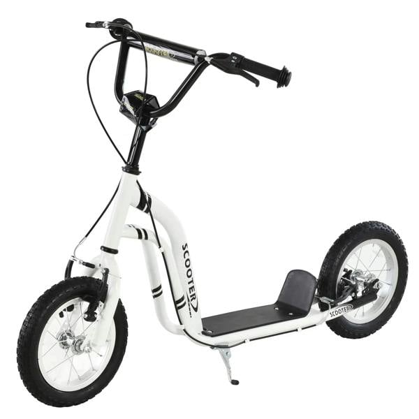 Adjustable kick scooter with white frame, black handlebar, and front inflatable tire