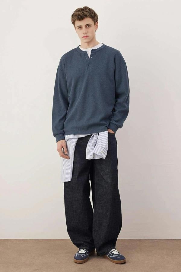 WOVCOR Waffle Textured Long Sleeve Button-Down Men's T-shirt
