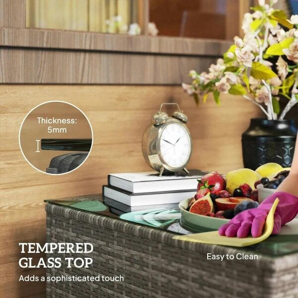 62 x 62cm Glass-Top Rattan Side Table - Dark Grey