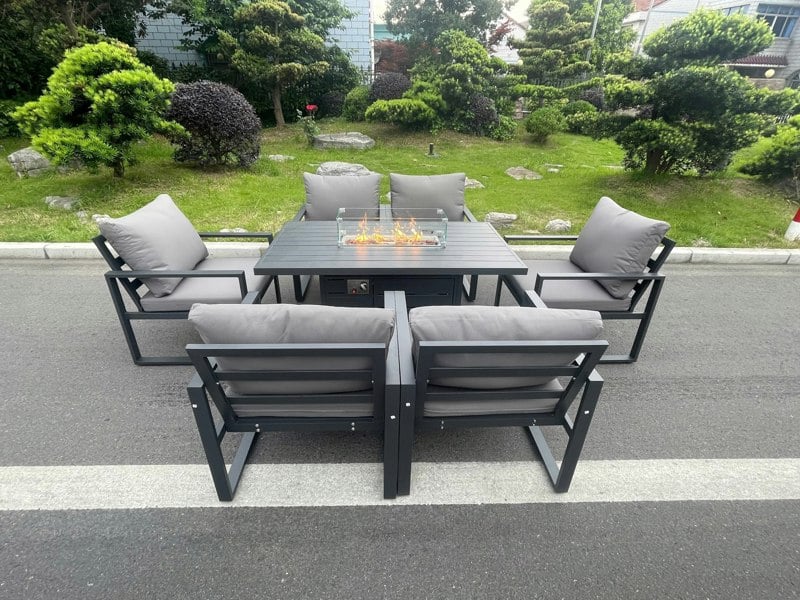 Fimous Aluminum Top 6 Seat Garden Furniture Dining Set Gas Fire Pit Table And Chairs Burner Heater Patio Outdoor Dark Grey