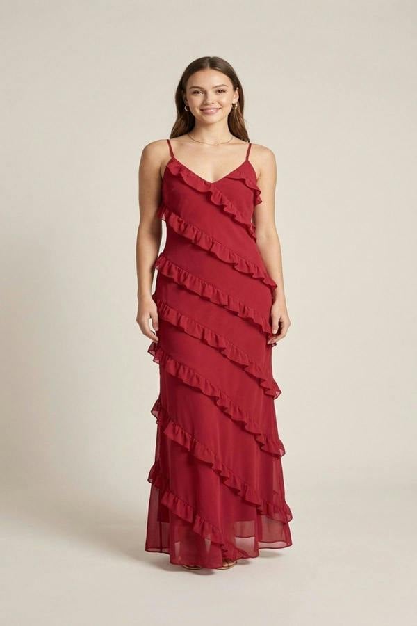 Gracie V-neck Tiered Ruffle Backless Maxi Dress - Cherry Red