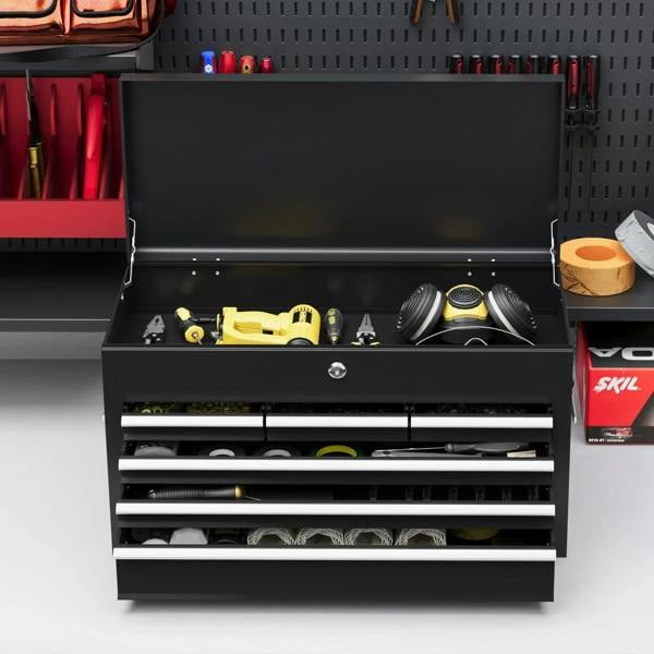 Black tool storage chest opened to reveal drawers with tools inside