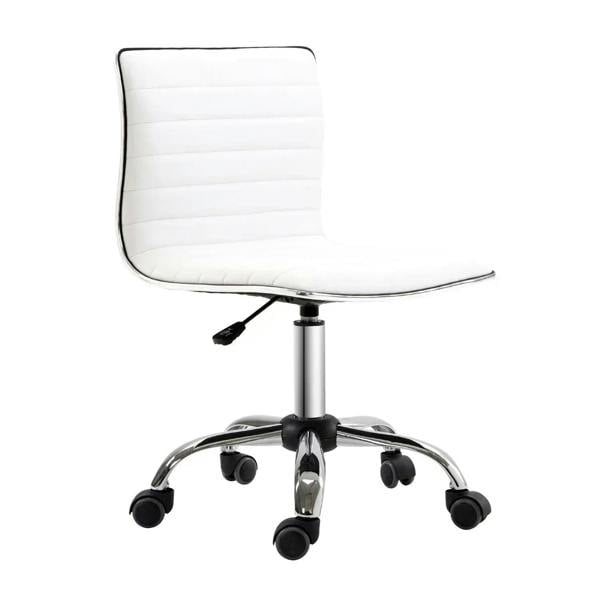 White armless mid-back swivel office chair with padded PU seat and chrome base