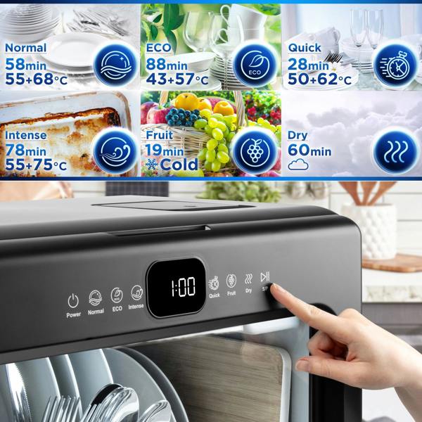 Duronic DW10 Tabletop Countertop Dishwasher, 5L Portable Mini with 5 Wash Cycles, Black