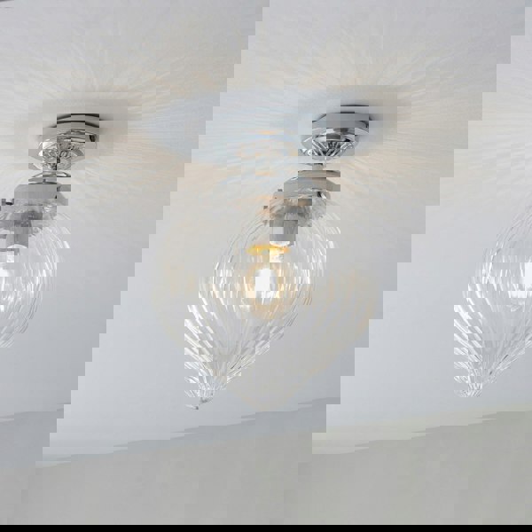 Decorative Flush Bathroom Ceiling Light Fitting - Clear Ribbed Glass Shade