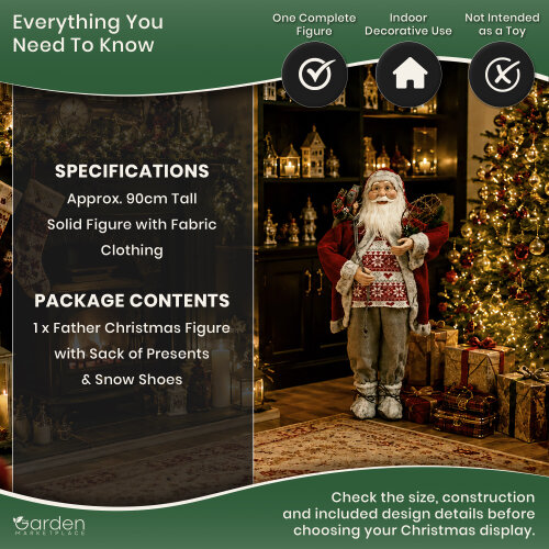 90cm Freestanding Father Christmas Figure with Presents Sack & Snowshoes, Rustic Santa Decoration with Fabric & Wool Clothing