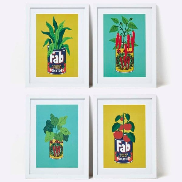 HOMESCAPES Set of 4 Colourful Tinned Plants Wall Art