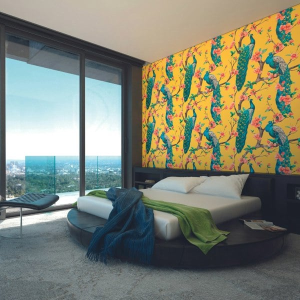 Origin Murals Flowery Peacocks Wall Mural - Yellow