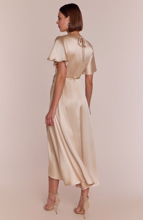 Rewritten London Florence Waterfall Dress in Champagne Satin