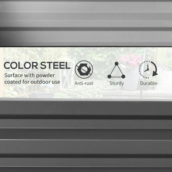 Light grey raised garden bed steel frame wall with horizontal ridges and bolts