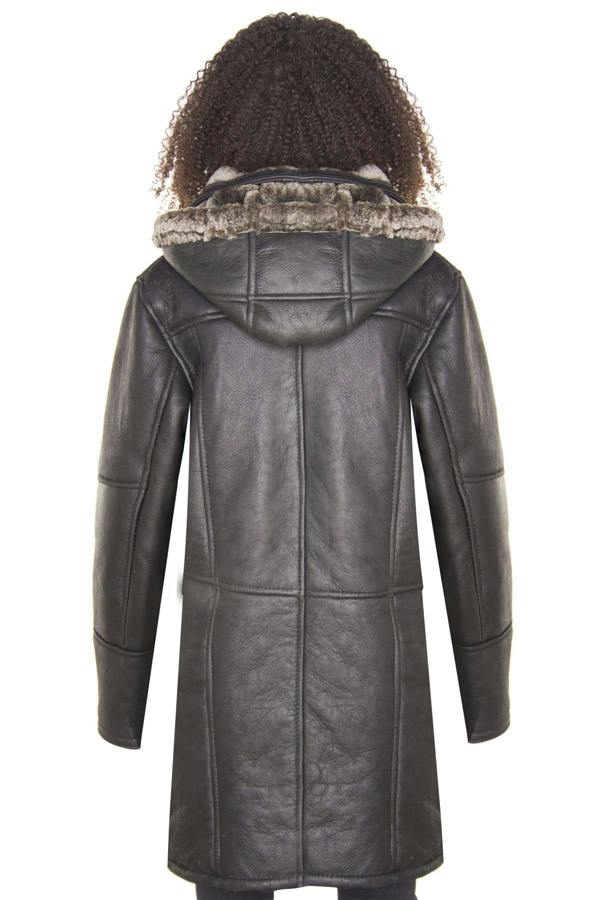 Infinity Leather Womens Black Shearling Hooded Duffle Coat-Royston