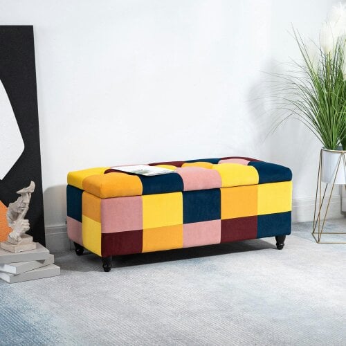 Wyld Haus Tava Velvet Multicolour Storage Bench With Wooden Legs For Bedroom