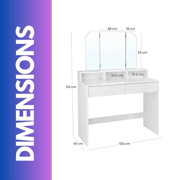 Rafaelo Mobilia 2 Drawer Dressing Table With Tri-Fold Mirror White