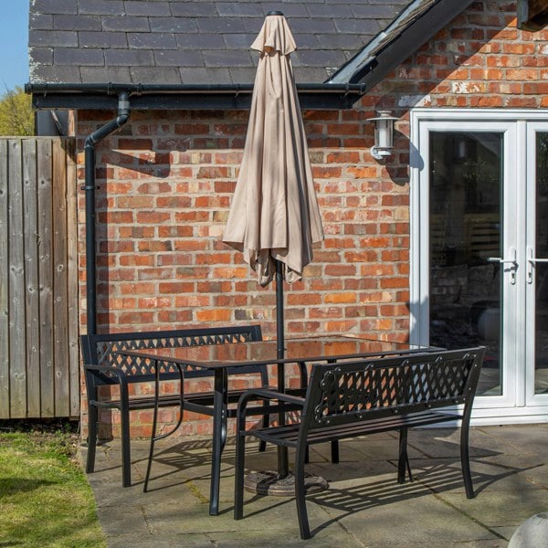 Samuel Alexander Outdoor 4 Person Rectangular Glass Top Garden Dining Table Benches With Beige Havana Parasol and Base Set