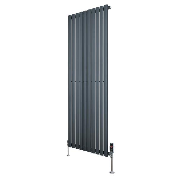 Oval single column radiator in anthracite grey, 1600mm x 600mm, featuring sleek vertical lines and modern valve design