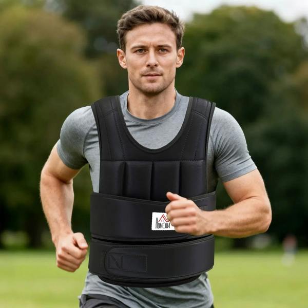 Black weight vest worn by runner, front padded cells and adjustable waist belt