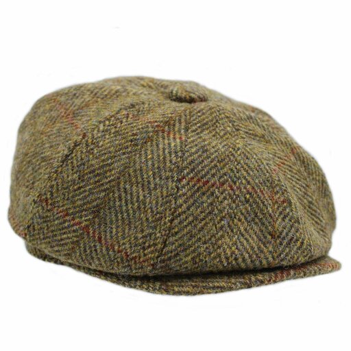 Heather Hats & Accessories Genuine Harris Tweed 8-Panel Flat Cap, Satin Lining, Outdoor Wear, Harvest Olive