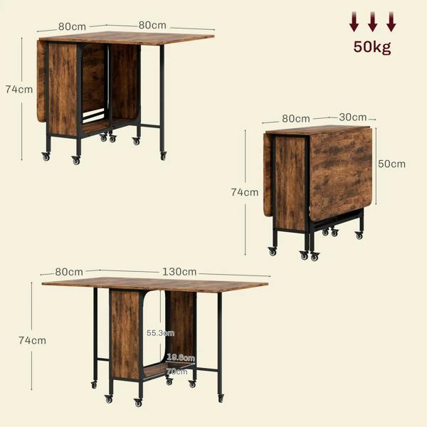 Rustic brown drop-leaf dining table on black casters, side view with leaf down