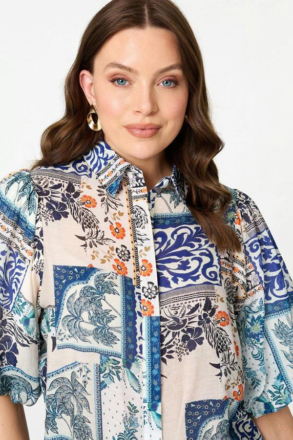 Blue | Patchwork 1/2 Puff Sleeve Boxy Shirt