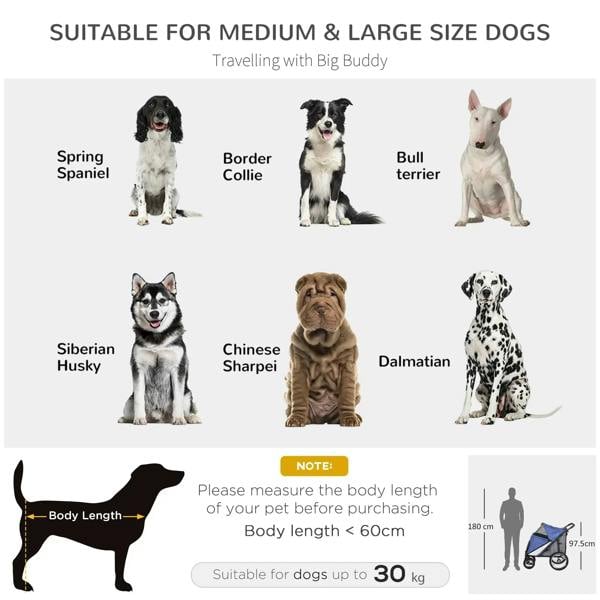 Blue pet stroller with mesh ventilation panels for medium and large dogs