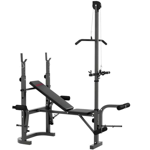 Black adjustable weight bench with press rack, adjustable incline pads and arm supports