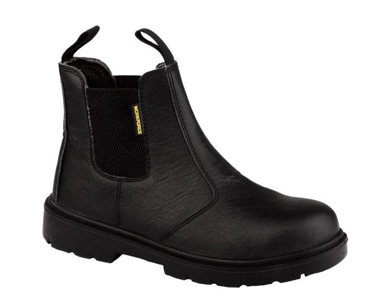 Workforce Mens Safety Steel Toe/Midsole S1P Work Leather Dealer Boots, black leather work boots with steel toe protection and slip-resistant sole.
