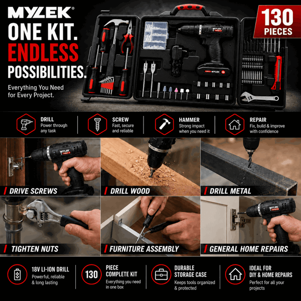 MYLEK 18V Cordless Li-ion Drill And 130 Piece DIY Home Kit With Carry Case