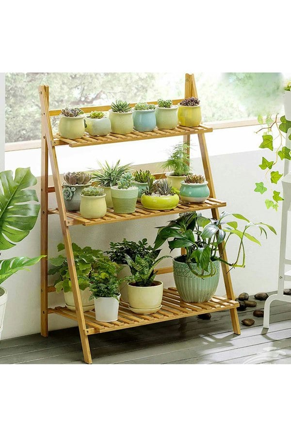 Living and Home 3-Tier Foldable Wooden Ladder Shelf Natural