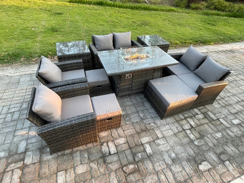 Fimous 10-Piece Outdoor Rattan Sofa Dining Set | Gas Fire Pit Table, 3 Footstools, 2 Side Tables - Dark Grey