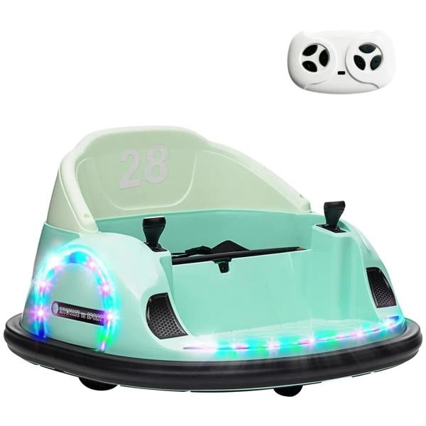 Kids bumper car, mint green shell, front bumper with flashing LED lights and grille vents