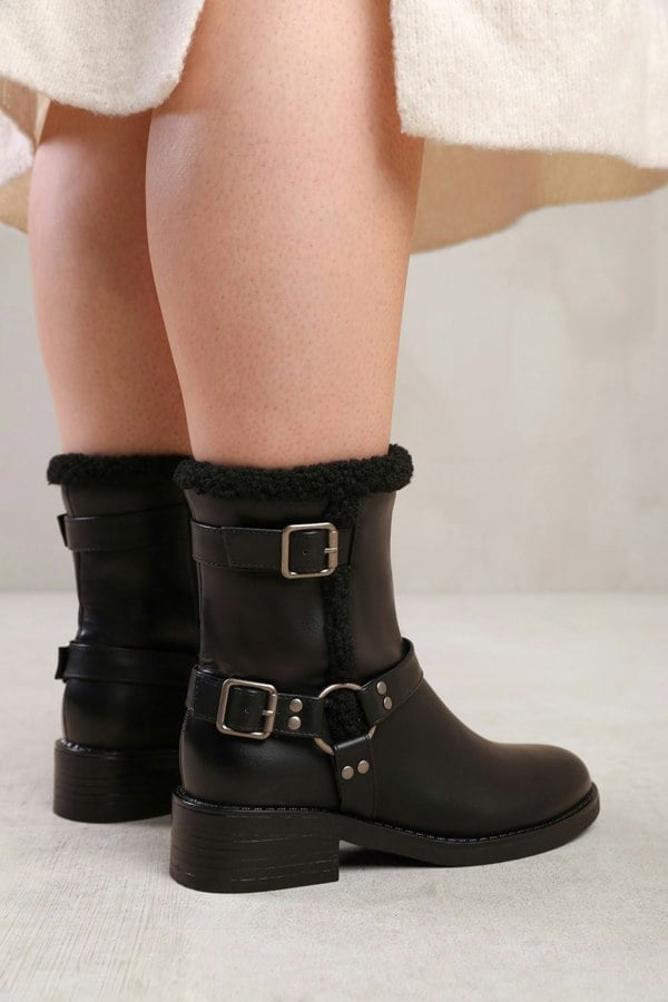 Where's That From Wynter Ankle Boot With Buckle Detailing in Black Faux Leather