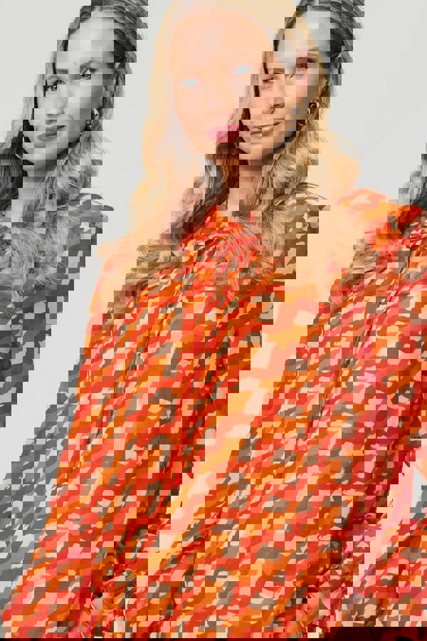 Orange | Printed Tie Neck Long Sleeve Blouse
