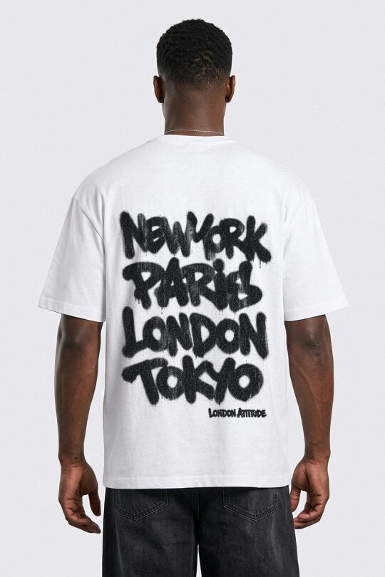 London Attitude Oversized Heavyweight City Graffiti Graphic T-Shirt in White