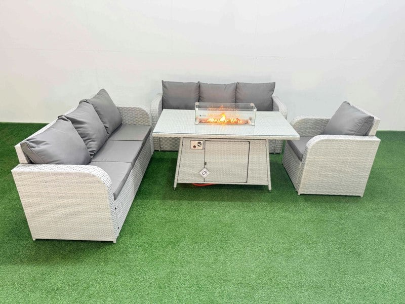 Fimous 7 Seater Poly Rattan Outdoor Garden Furniture Fire Pit Dining Table Sofa Set Patio 3 Seater Sofa Reclining Chair 3 Seater Sofa Light Grey
