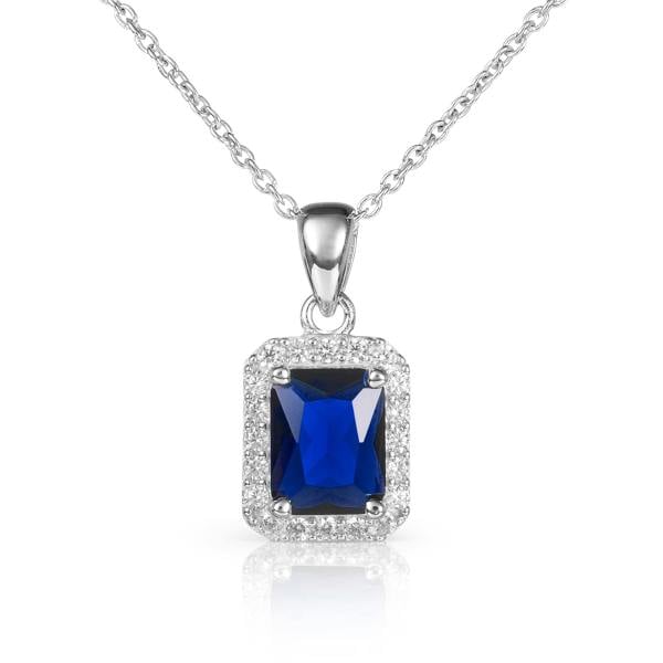 namana 925 Sterling Silver Emerald Cut Blue Halo Pendant Necklace For Women