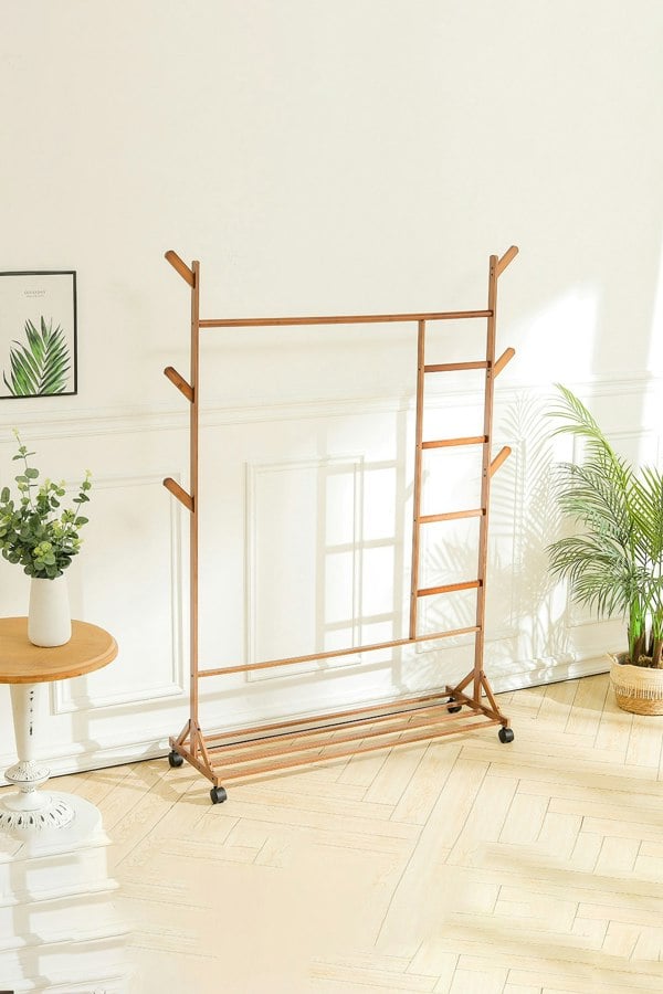 Living and Home Brown Bamboo Freestanding Clothing Rack With Storage Shelf