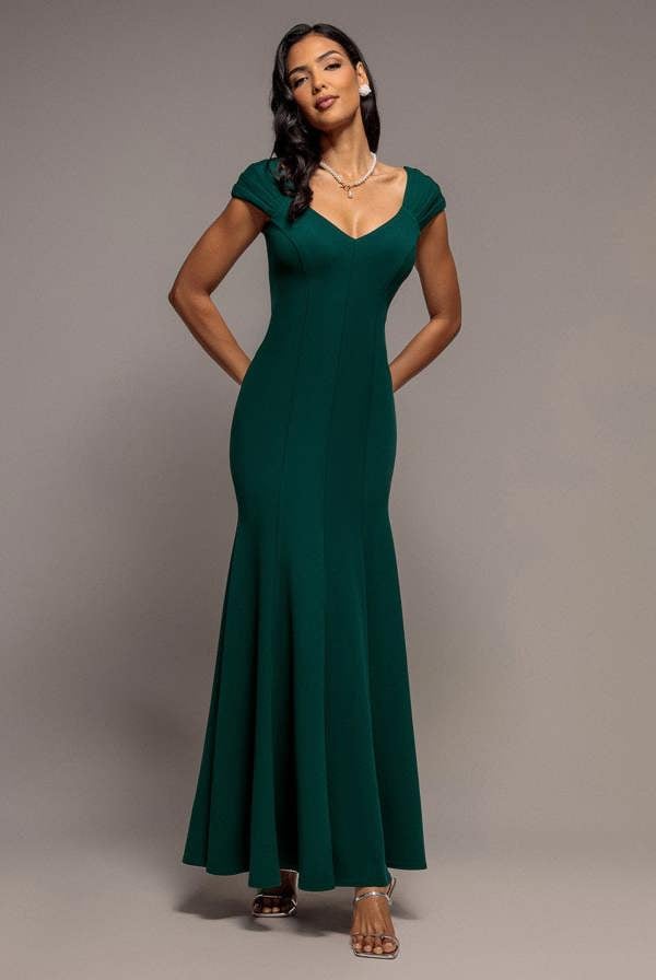 Capped Sleeve V Neck Pleated Fit & Flare Maxi Dress - Emerald Green DR5117