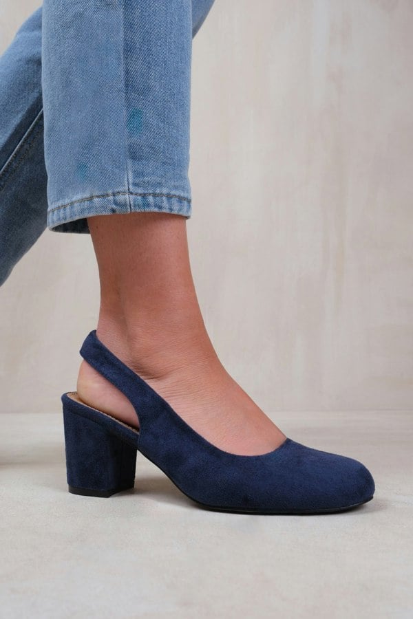 Where's That From Edith Wide Fit Block Heel Slingback Shoes in Navy Suede