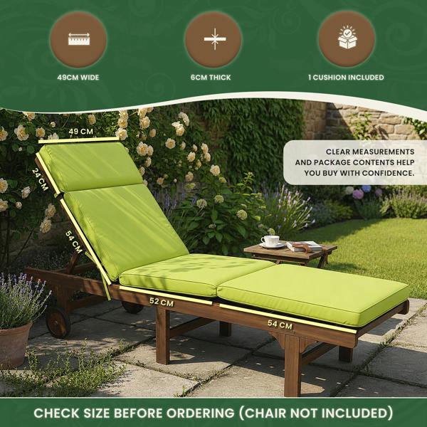 Steamer Chair Cushion – Outdoor Garden Seat Pad with 6cm Padding, Washable Cover & Adjustable Straps, Lime Green, 49cm Wide