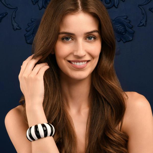 Zavana Wide Black and White Half-Moon Resin Links Bangle Bracelet For Women