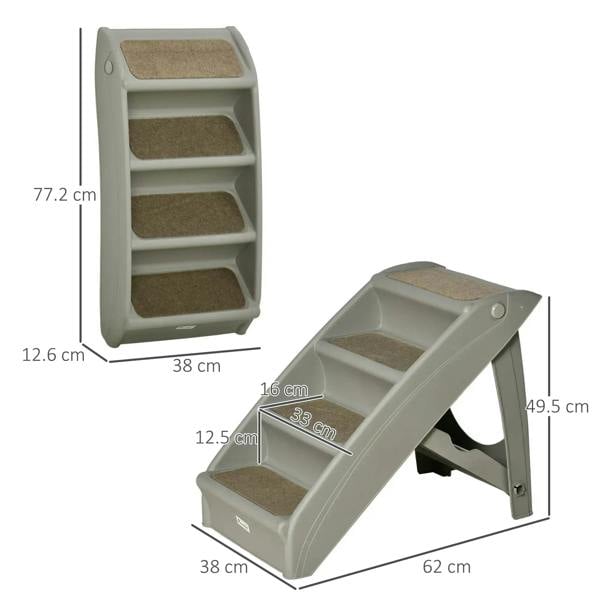 Foldable grey 4-step pet stairs with dimensions and carpeted non-slip treads