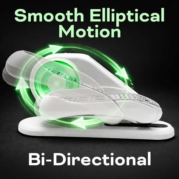 The Reviber Motorised Mini Elliptical Bike by Reviber features smooth, bi-directional elliptical motion for low-impact leg exercise. The words "Smooth Elliptical Motion" and "Bi-Directional" are shown in bold text.